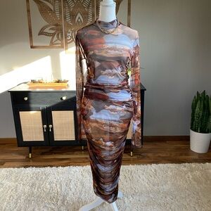 AKIRA Brown & Blue Sheer Long-Sleeve Ruched Midi Dress